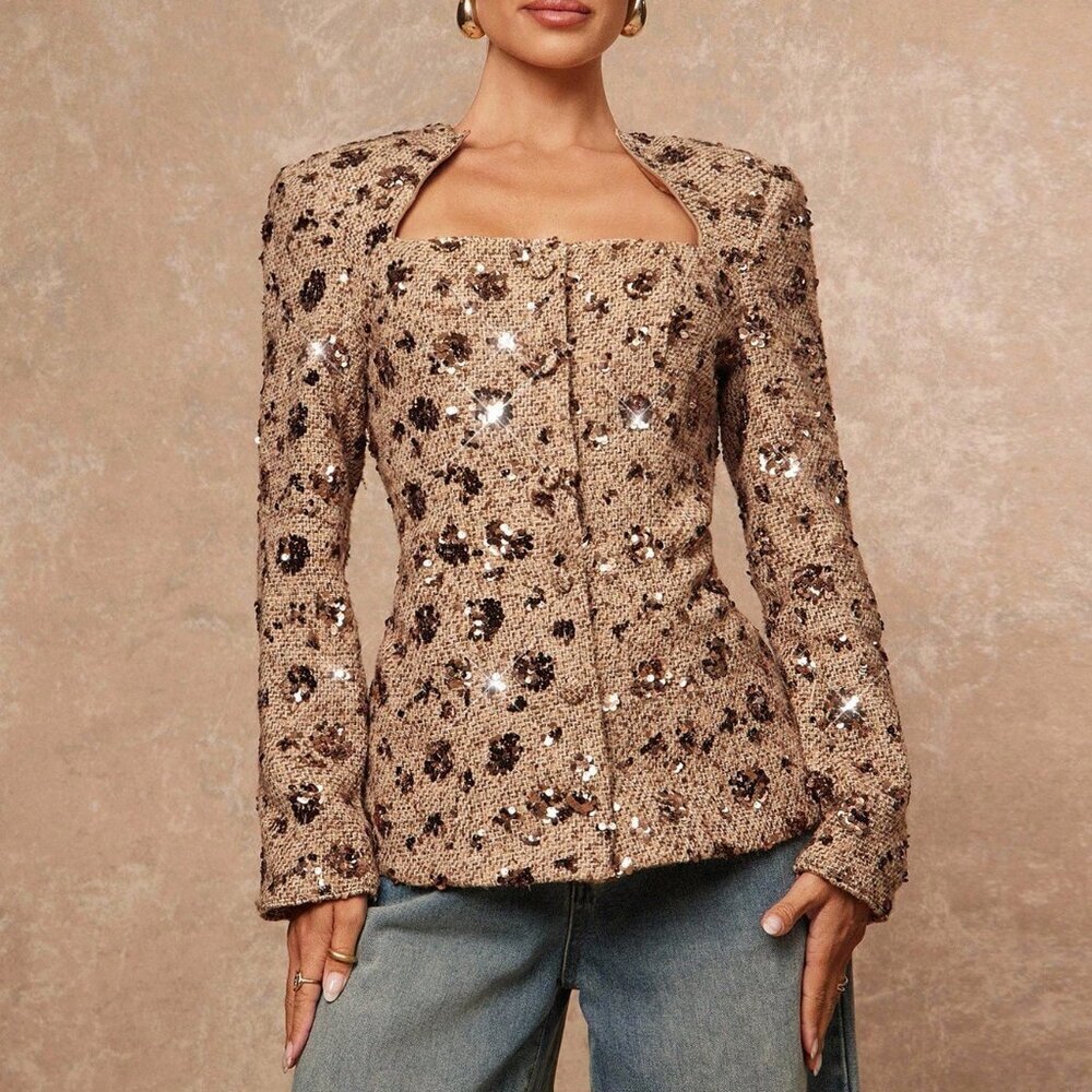 Khaki Elegant Women's Sequin Embroidered Hollow Out Cinched Tweed Blazer